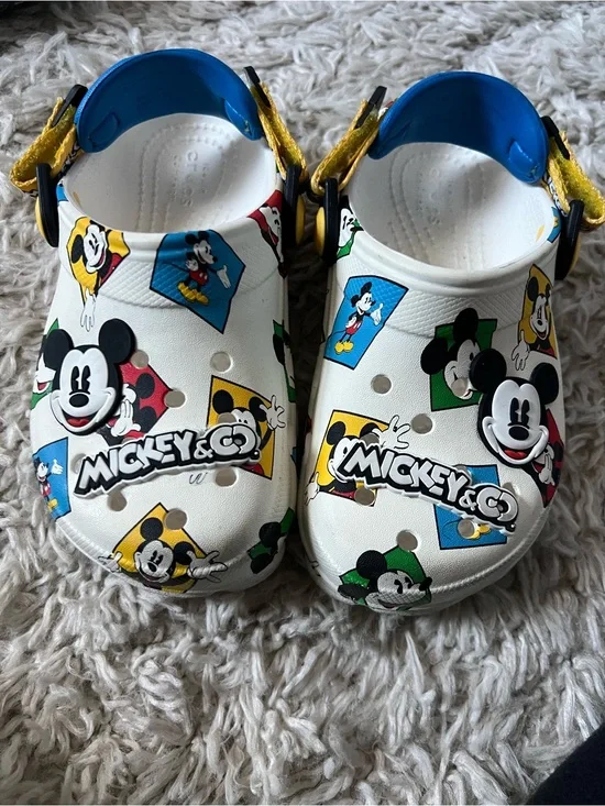 CROCS Kids' White Mickey Mouse Print Clogs with Blue & Yellow Straps