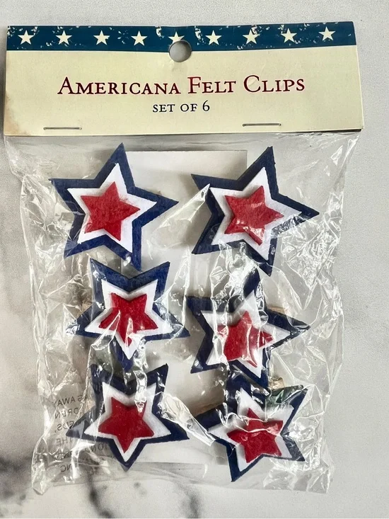 NWT Americana Dimensional Felt Star Clips, Navy/White/Red, Set of 6
