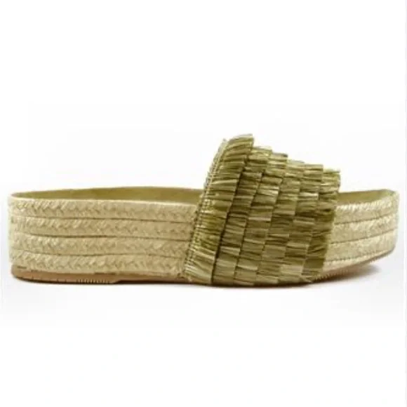 Paloma Barceló Olive Green Raffia Platform Slide Sandals
