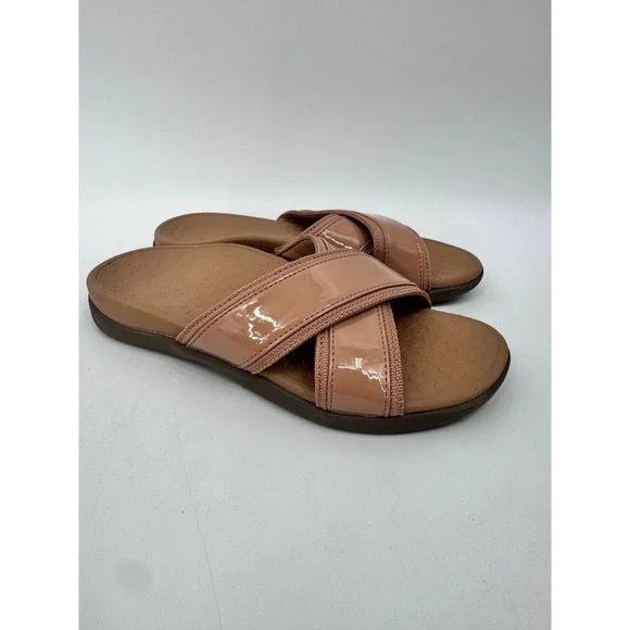 Vionic Merced Slide Sandals Women Size 6 Nude Patent Crisscross Straps