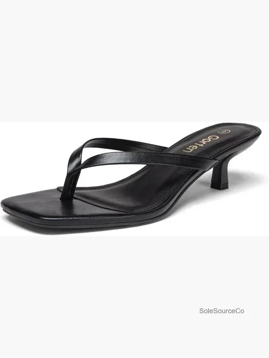 Square Toe Kitten Heel Sandals Slip On Thong Heels Dressy Flip Flop Heels