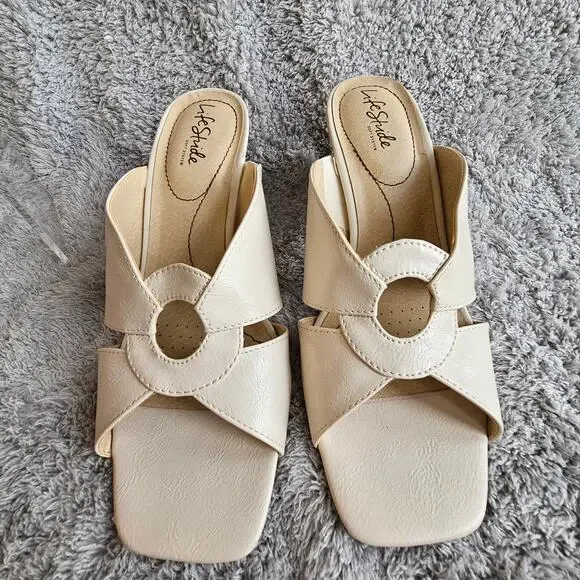 Lifestride Women Thrill Square Toe Slip On High-Heeled Sandals Sz 8.5M Off White