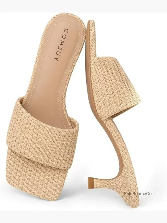Raffia Kitten Heels Sandals Women's 2 Inch Block Heels Square Toe Summer Slide