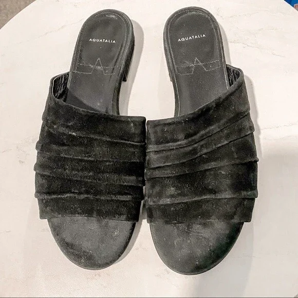Aquatalia Sandals Tiana Black Suede Leather Slide Shoes Designer Classic Size 8