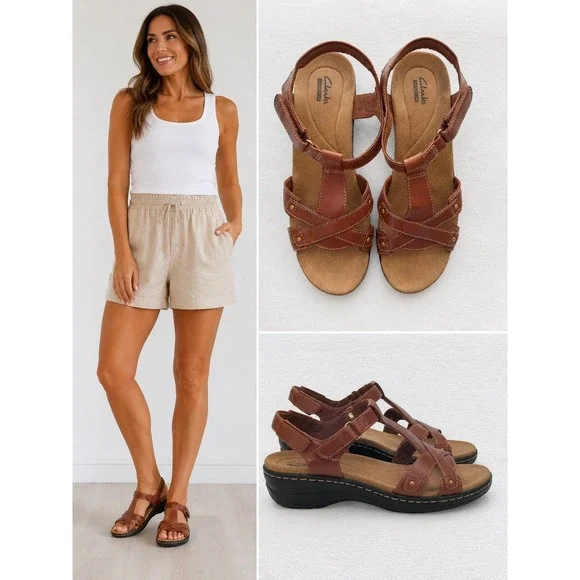 Clarks Collection Hayla Flute Brown Strappy Wedge Hook & Loop Sandals Womens 10M