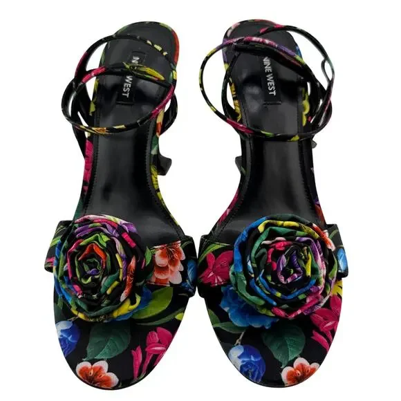Nine West Neve Rosette Vivid Floral Ankle Strap Black Heel Sandals Size 9.5
