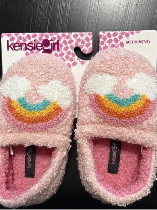 Kenzie Girl Toddler Girls Medium size 7/8 Rainbow Slippers Pink Sherpa Fuzzy New