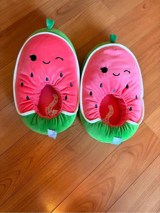 Squishmallows Watermelon Plush Slippers - Pink & Green kids size 11-12