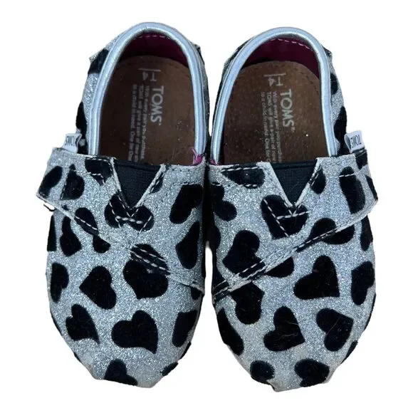 Toms Classic Silver Hearts Silver and Black Toddler Sz. 4 Shoes