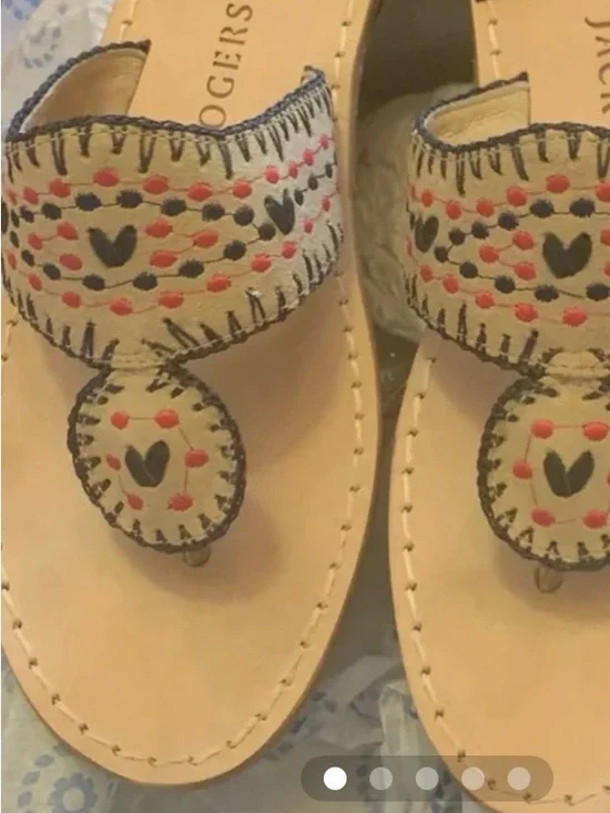 Jack Rogers Beige Leather Sandals with Pink & Black Embroidery