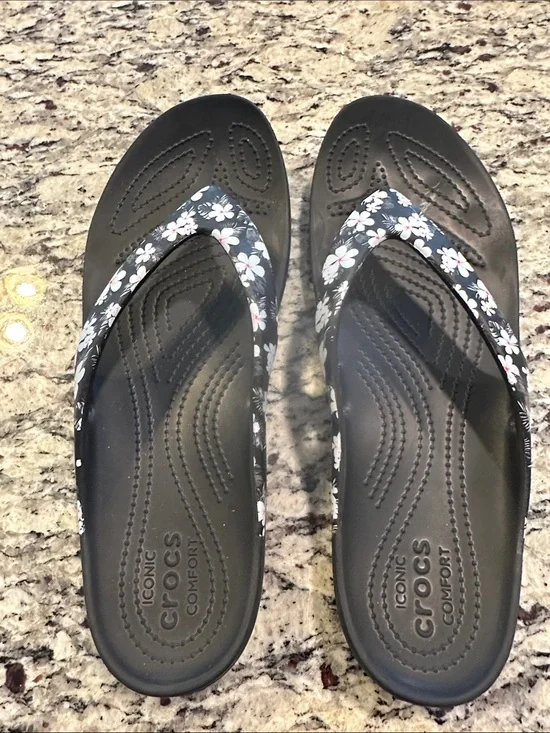CROCS Women's Black Flip Sandals with White and Pink Floral Straps