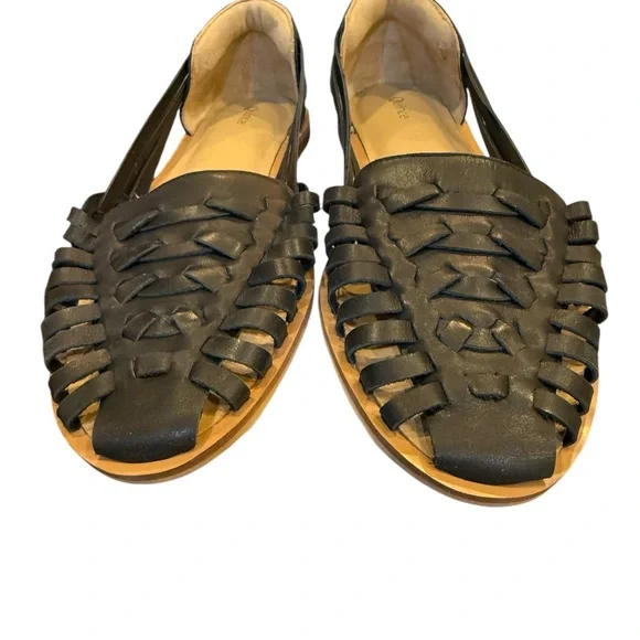 Quince Black Leather Woven Huarache Sandals