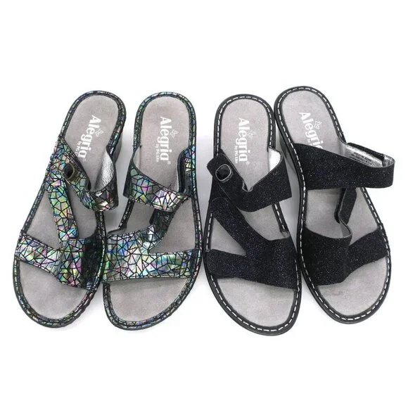 x2 Pair Alegria Loti Glitteroti & Tectonic Iridescent Slide Wedge Sandals 38 8M
