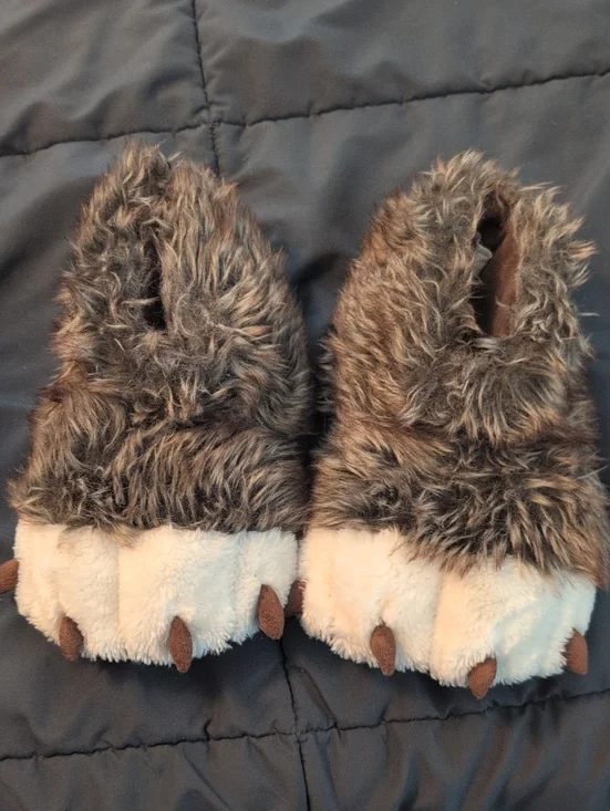 Kids Faux Fur Monster Slippers in Brown and Cream