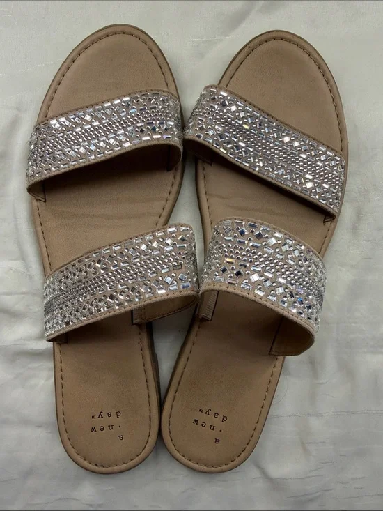 a new day Tan Rhinestone Double-Strap Slide Sandals