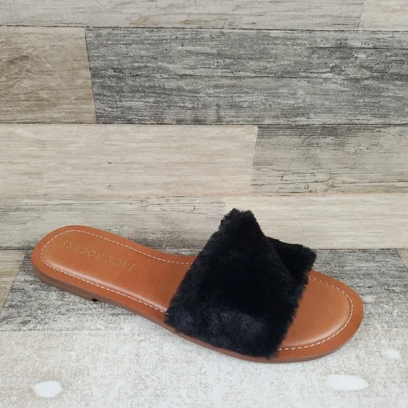 Jack Rogers Sabrina Womens Slide Sandals Sz 10 M Black Faux Fur Slip On Open Toe