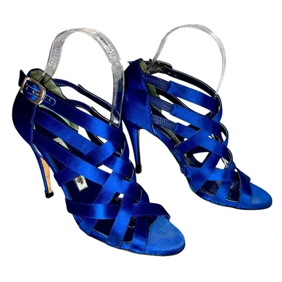 Manolo Blahnik Blue Satin Strappy Cage‎ Sandals Heels EU 37 Made in Italy