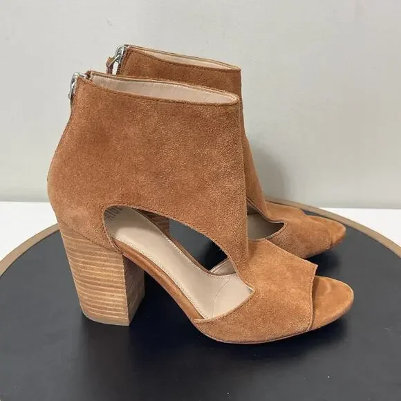 Paige Marea Heel Sandals Women 8 Tan Suede Cutout Shield Peep Toe Block Zip Boho