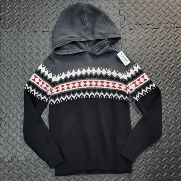 Old Navy Fair Isle Knit Hoodie Sweater Gray Black Red Kids Medium 8 NWT