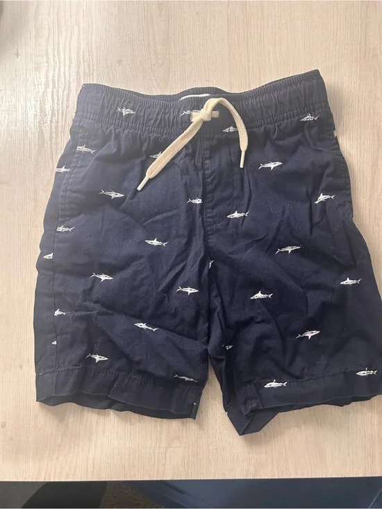 Old Navy Navy Swim Trunks with White Shark Motif and Beige Drawcord