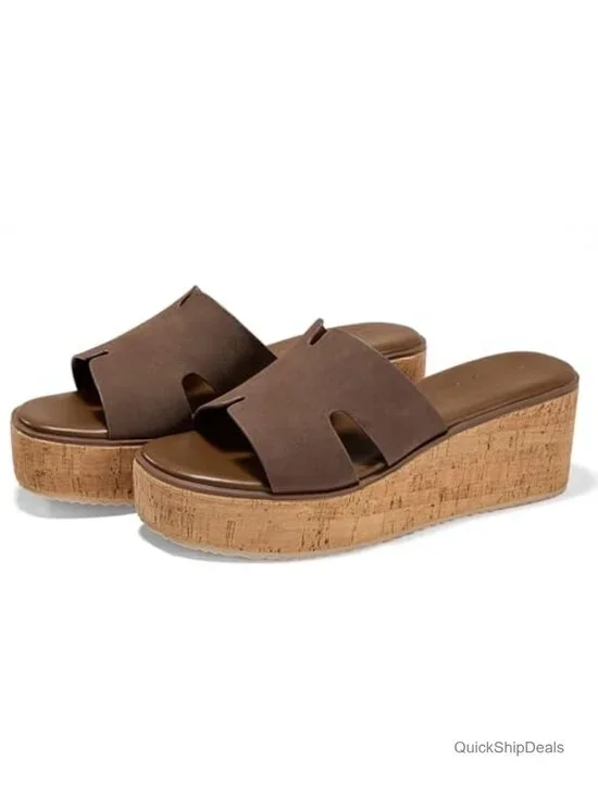 Women's Open Toe Wedge Sandals Slip On Slides Cork Platform Sandal Comfortable