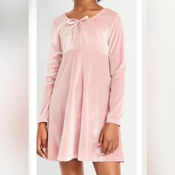 Old Navy Long Sleeve Tie Neck‎ Velvet Swing Dress for Girls, Size M (8)