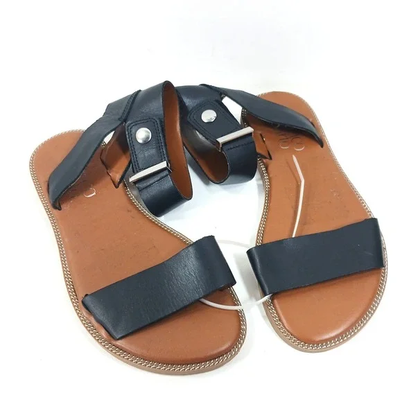 Franco Sarto Womens Black Leather Ankle Strap Flat Sandals Silver Hardware 9.5