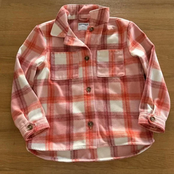 Old Navy Girls Pink Orange Plaid Button Front Shacket Shirt Jacket XL 14-16