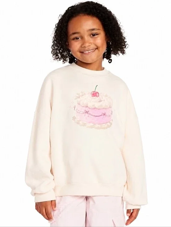 Old Navy Girls Graphic Fleece Sweatshirt Pink Cake Crew Neck Cream Size L 10-12