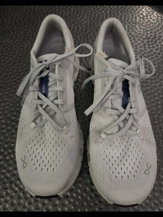 On Running Sneakers in Light Gray with Navy Tongue Accents