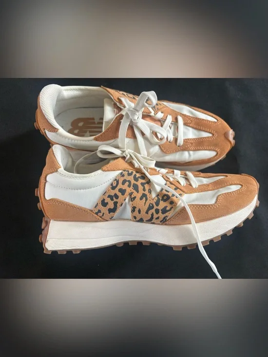 New Balance 327 Women’s White & Tan Leopard-Print Sneakers