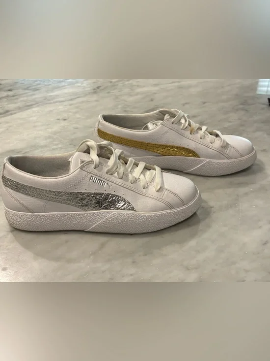 PUMA Basket Platform White Gold Silver Metallic Sneakers Mismatched - Womens 8.5