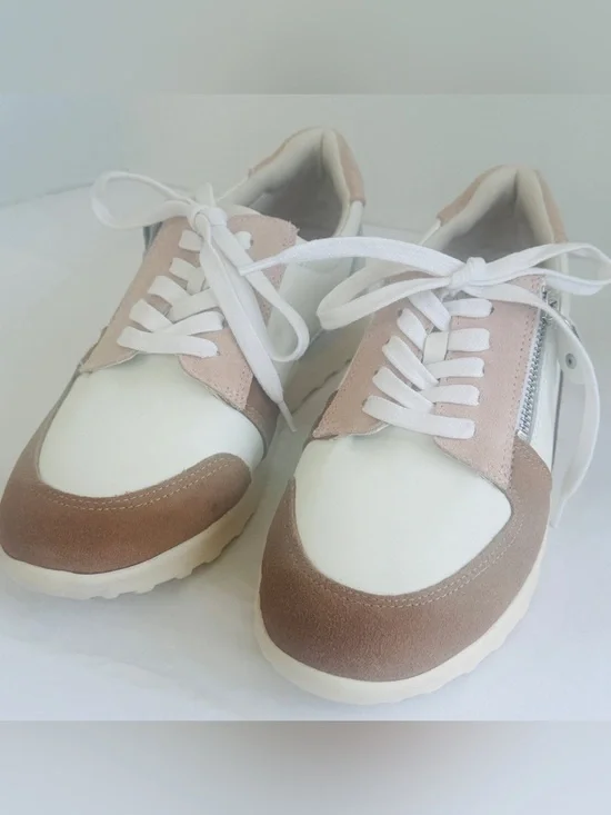 NEW Brioso Mimi Sneakers Side Zip Cream Leather Pink/Tan Suede Tennis Shoes Sz 9
