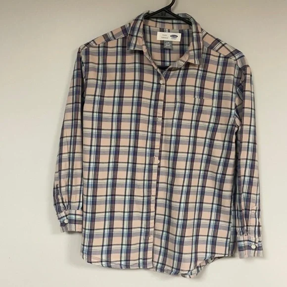 Old Navy (Tunic) Girls pink & navy plaid flannel, shirt Lg