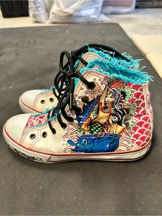 Ed Hardy High-Top Sneakers - Teal, Pink & Black Mermaid Fish Graphic with Fringe