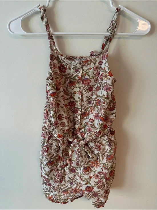 Floral Button-Front Sundress Romper - jumper Cream with Pink & Orange Flowers