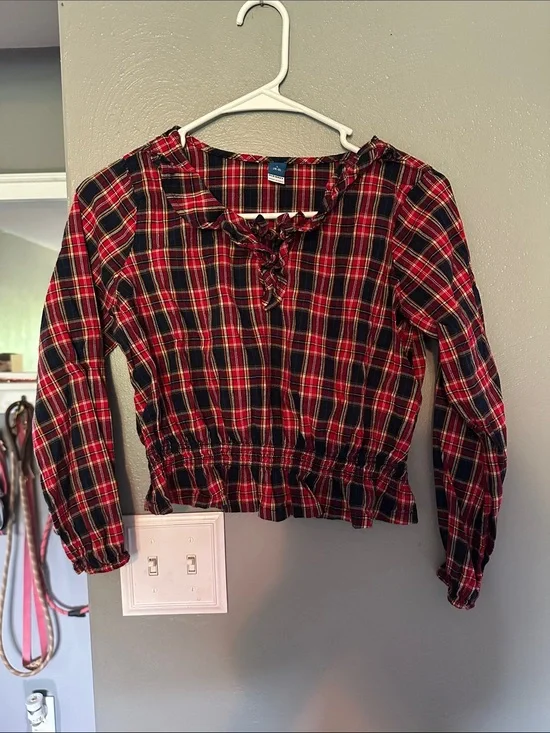 Old Navy Red and Black Plaid Ruffle-Neck Long Sleeve Top