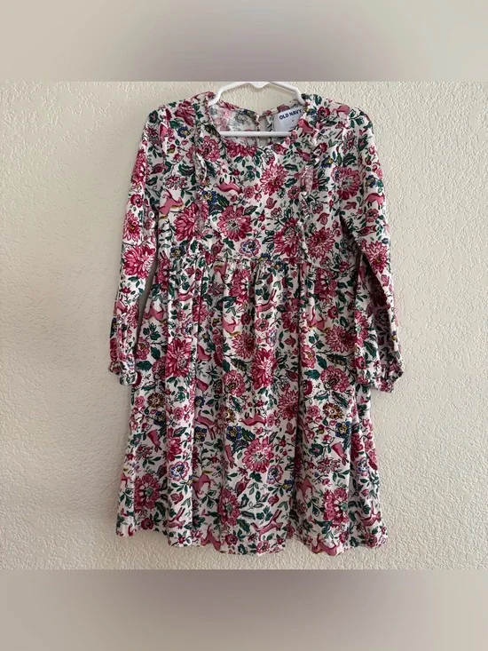 Old Navy Pink Floral Long-Sleeve Casual Dress Animal Friends Toddler Girl 5T