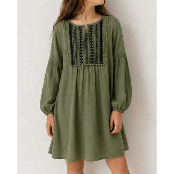 Old Navy Girls Olive Green Embroidered Bib Long Sleeve Shift Dress L 10-12 Plus