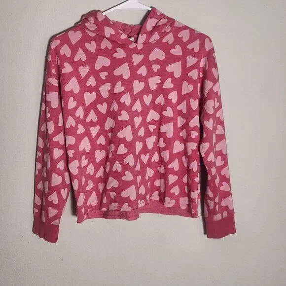 Old Navy Girls Heart Print Hoodie XL 14-16 Pink Pullover Sweatshirt Cozy Cute