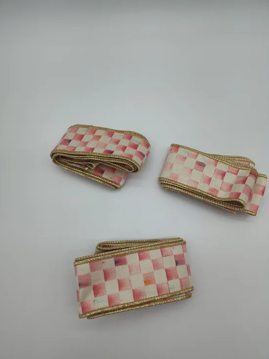 MACKENZIE-CHILDS Rosy Check Wired Ribbon Remnant Bundle 3 Cuts Nearly 6 Yards