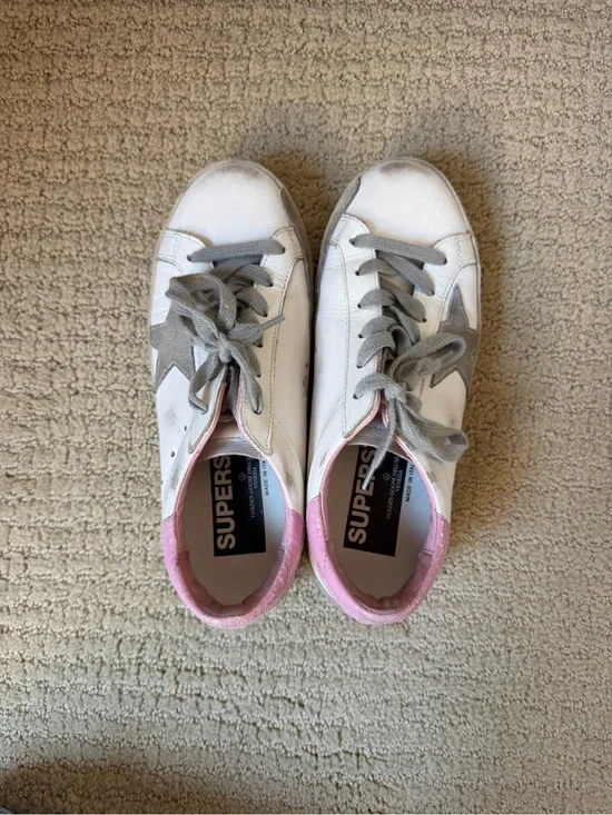 Golden Goose White Leather Sneakers with Pink Heel and Gray Star
