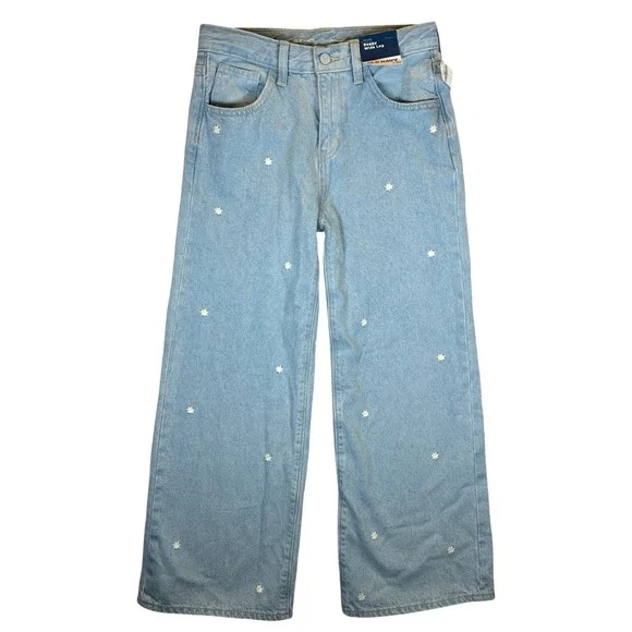 Old Navy Girls Baggy Wide Leg Jeans Light Wash Daisy Embroidered Size 14 NWT