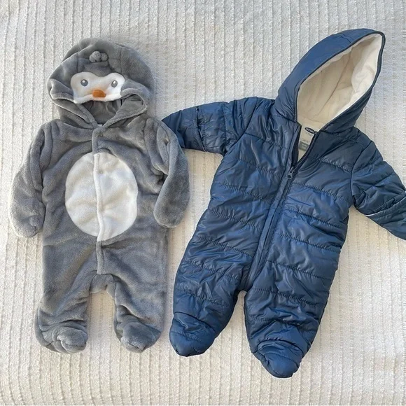 Bundle of two baby winter snowsuits, novelty penguin and neutral navy size 0-3