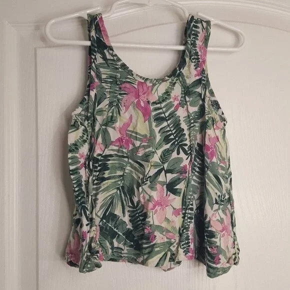 Old Navy Tropical Green Floral Pink Tank Top Loose Fit