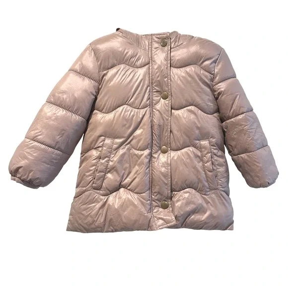 Old Navy Puffer Jacket Faux Fur Hood Gold Beige‎ Girls Size 2T Winter Coat