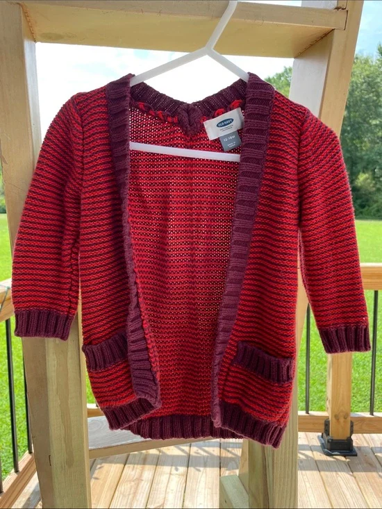 Old Navy Red and Burgundy Striped Open Cardigan with Pockets
