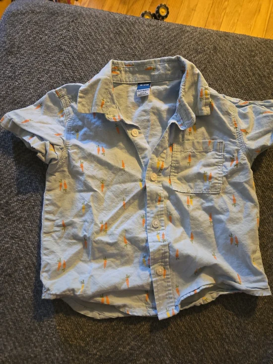 Old Navy Light Blue Short-Sleeve Button-Down Shirt with Orange Carrot Print