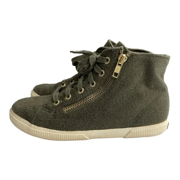 Superga Olive Wool Felt High Top Sneakers zipper, laces size 37 1/2 = 7 US