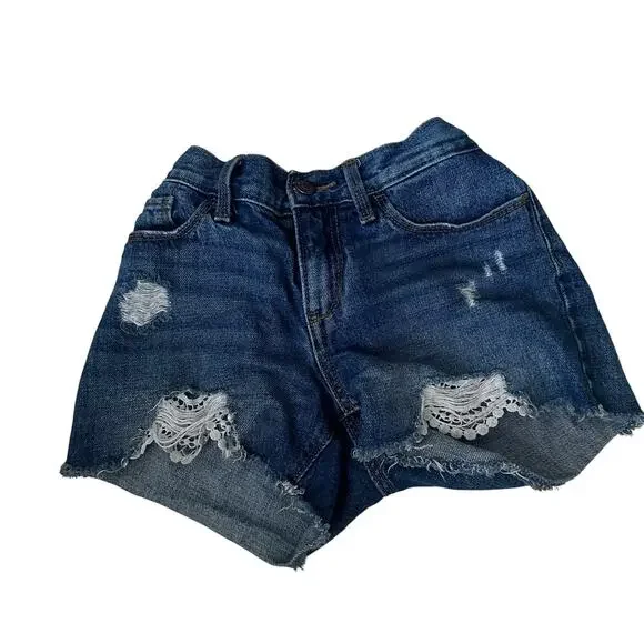 Old Navy Girls Size 10 Denim Shorts Raw Hem Lace Detail